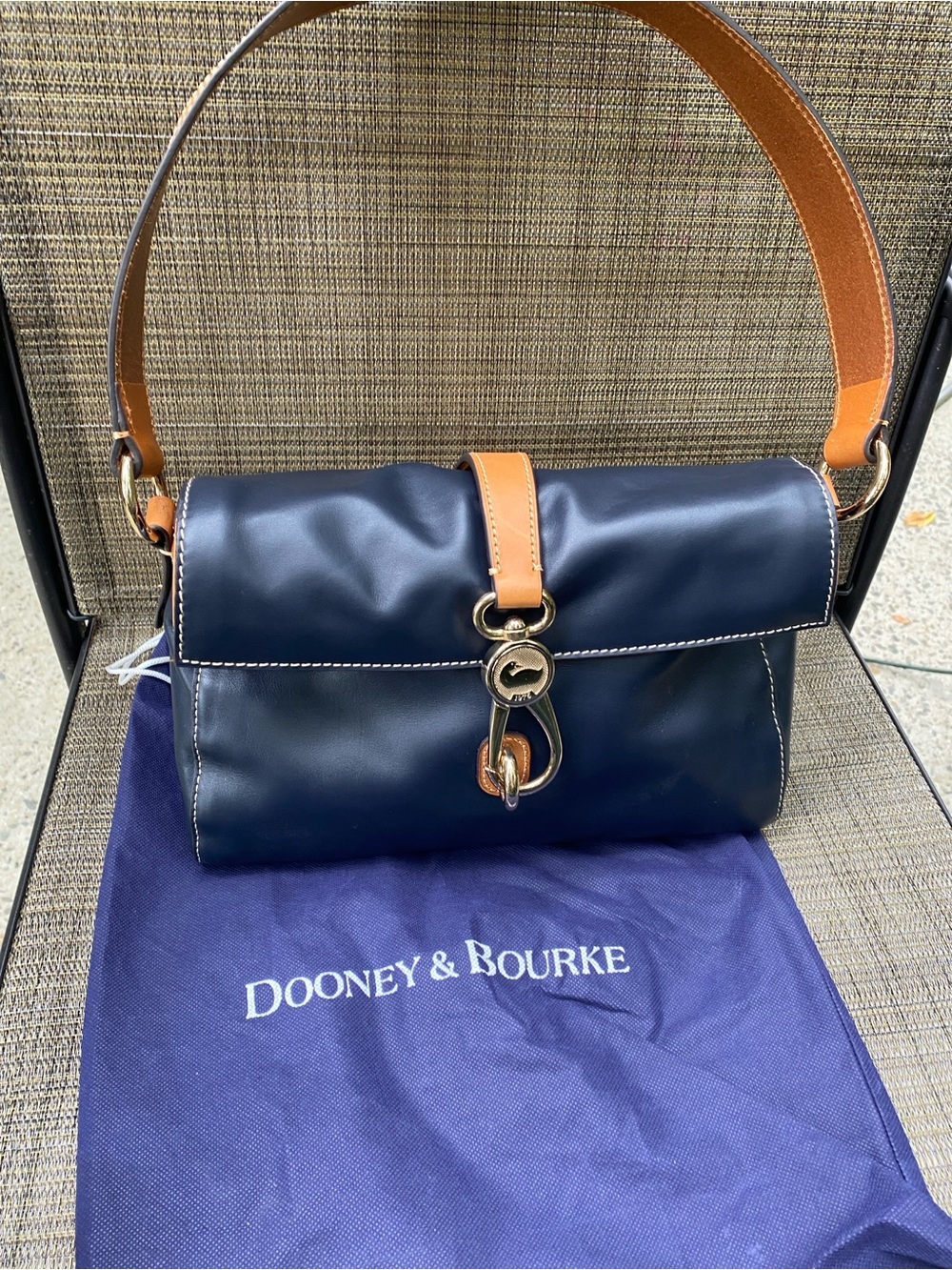 Dooney & Bourke black Leather Shoulder Bag with Tan Strap and Gold Hardware